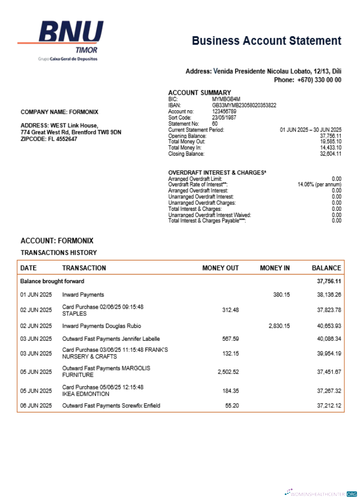 Download Timor Leste BNU firm checking account statement Word and PDF template Photoshop template
